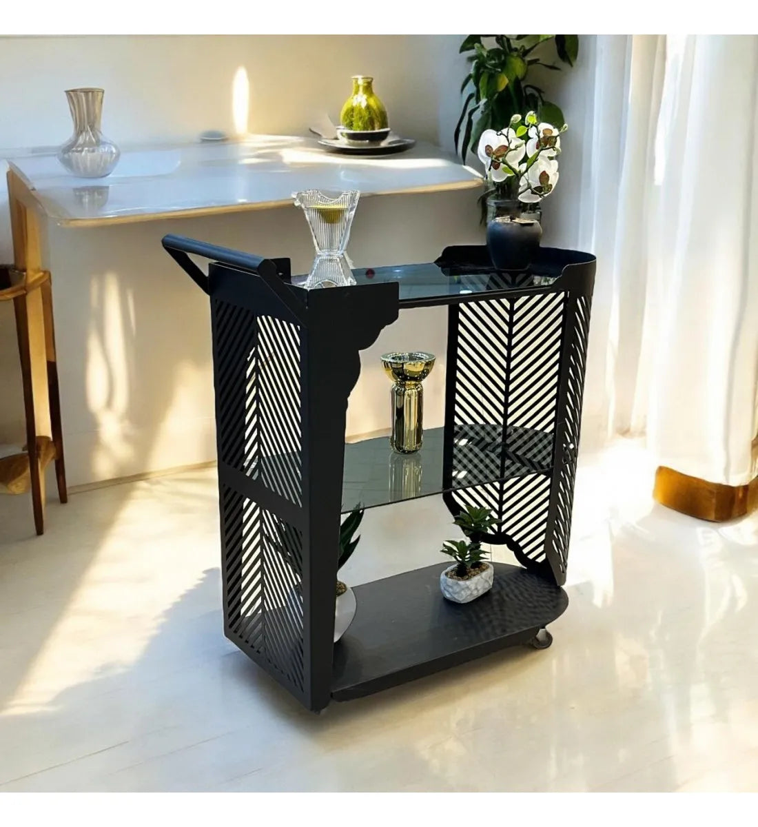 Serving cart with 3 floors, glass on iron